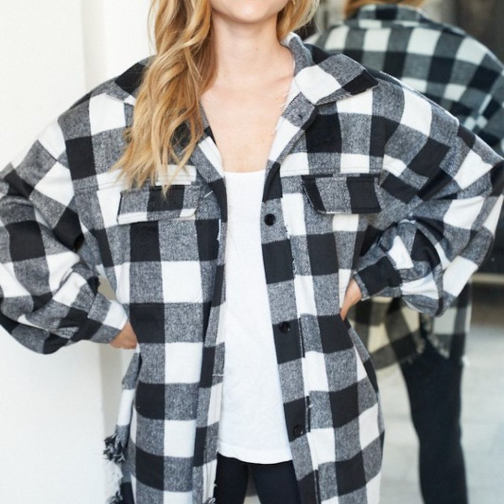 new WHITE BIRCH BUFFALO PLAID BLACK WHITE boho western SHAKET flannel SM-XXL - Picture 6 of 8